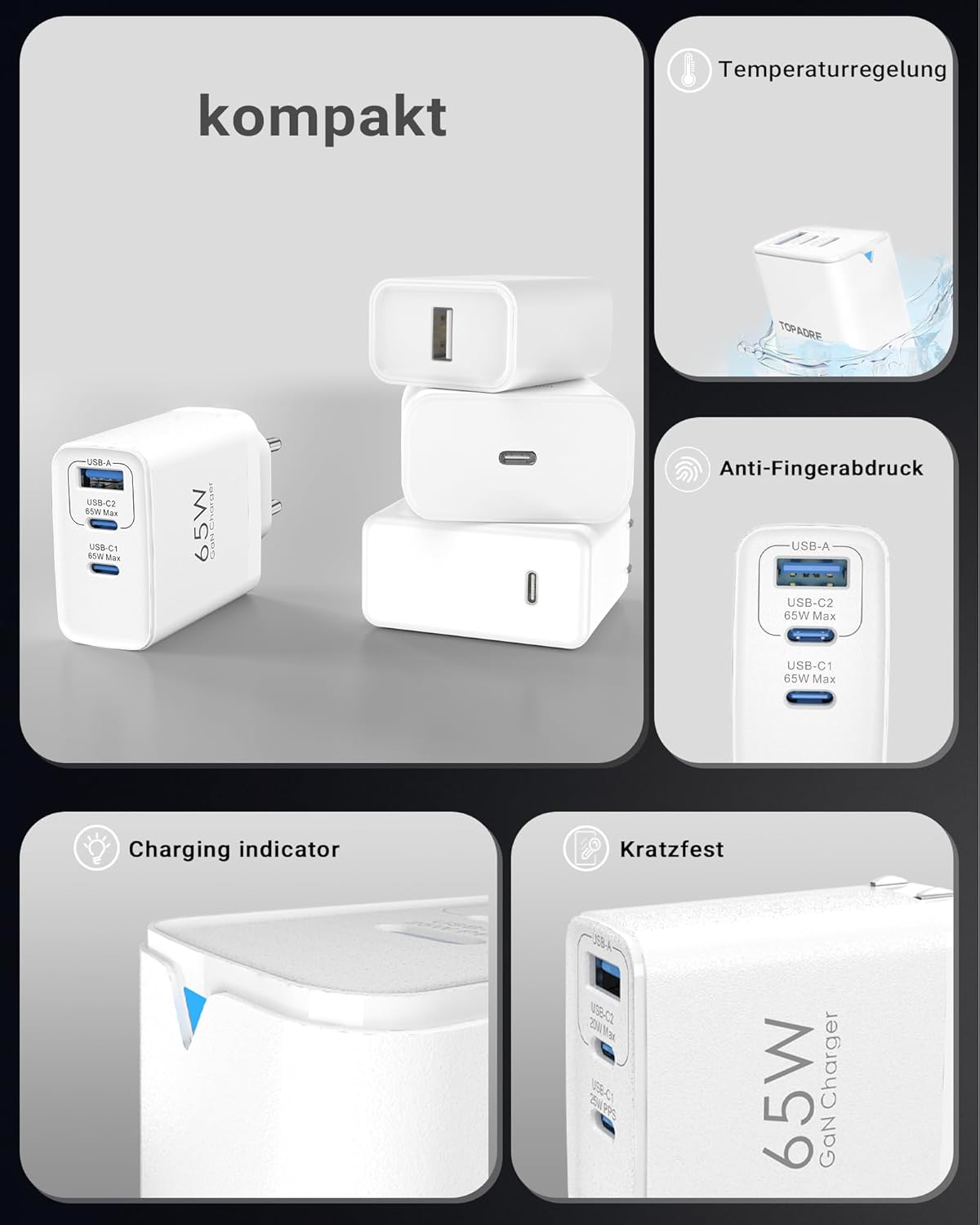 USB C Ladegerät 65W 3-Port USB-C Netzteil PPS Schnellladegerät PD Charger kompatibel mit MacBook Pro/Air, für iPad Pro/Air, für iPhone 16/15, Galaxy S24 Ultra, Pixel, Steam