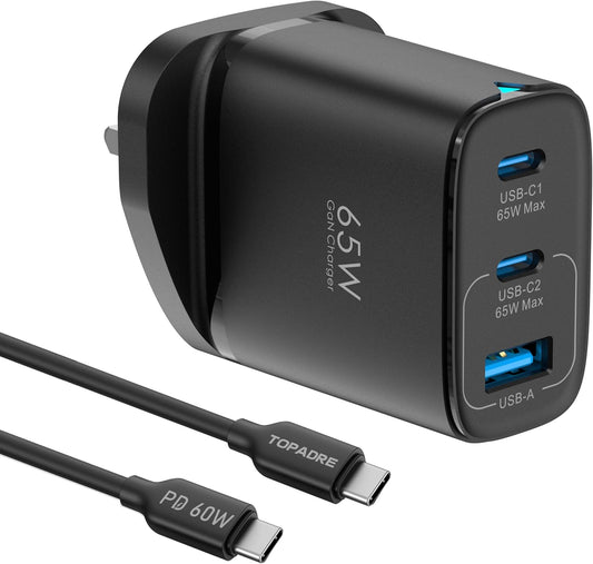 65W USB C Plug, 3 Ports GaN Type-C Charger Plug UK PPS/PD3.0 Fast Charging for MacBook Pro/Air, iPad Pro/Air, for iPhone 16/15 Pro Max, for Galaxy S24/S23, Laptop Charger