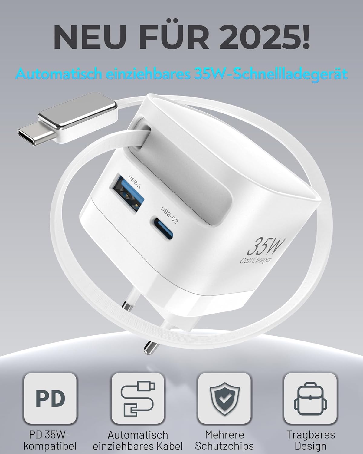 Einziehbares 35W ladegerät mit 65CM Kabeln, 3 Port GaN USB C Ladegerät,35W USBC Netzteil mit Schnellladekabel für iPhone 16/15/14/13/12 Serie, für iPad Air, Tablet, Galaxy S-A Serie und mehr, Weiß