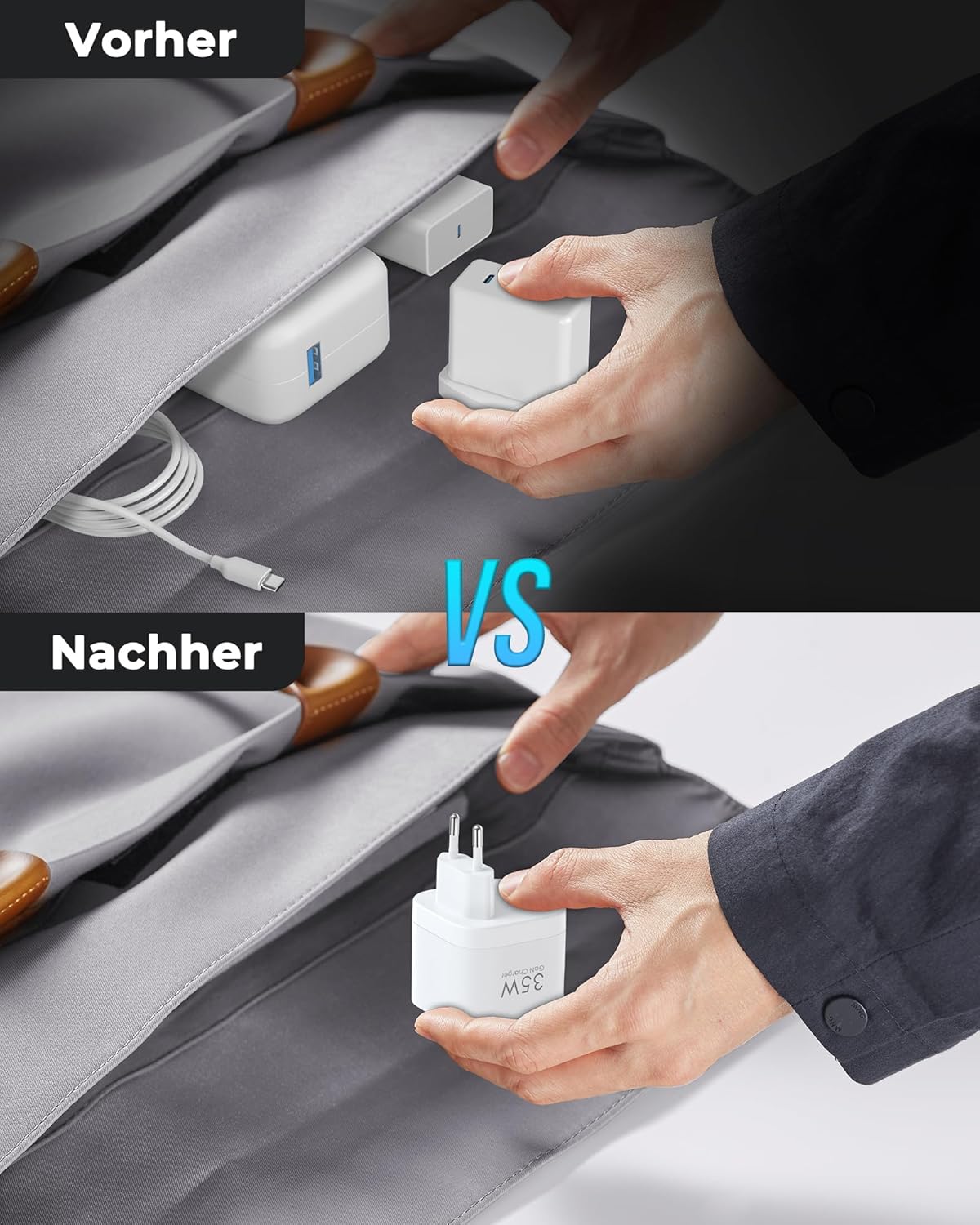 Einziehbares 35W ladegerät mit 65CM Kabeln, 3 Port GaN USB C Ladegerät,35W USBC Netzteil mit Schnellladekabel für iPhone 16/15/14/13/12 Serie, für iPad Air, Tablet, Galaxy S-A Serie und mehr, Weiß