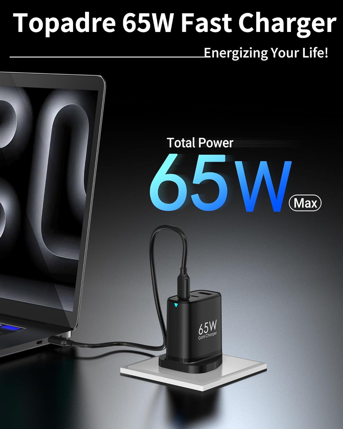 65W USB C Plug, 3 Ports GaN Type-C Charger Plug UK PPS/PD3.0 Fast Charging for MacBook Pro/Air, iPad Pro/Air, for iPhone 16/15 Pro Max, for Galaxy S24/S23, Laptop Charger