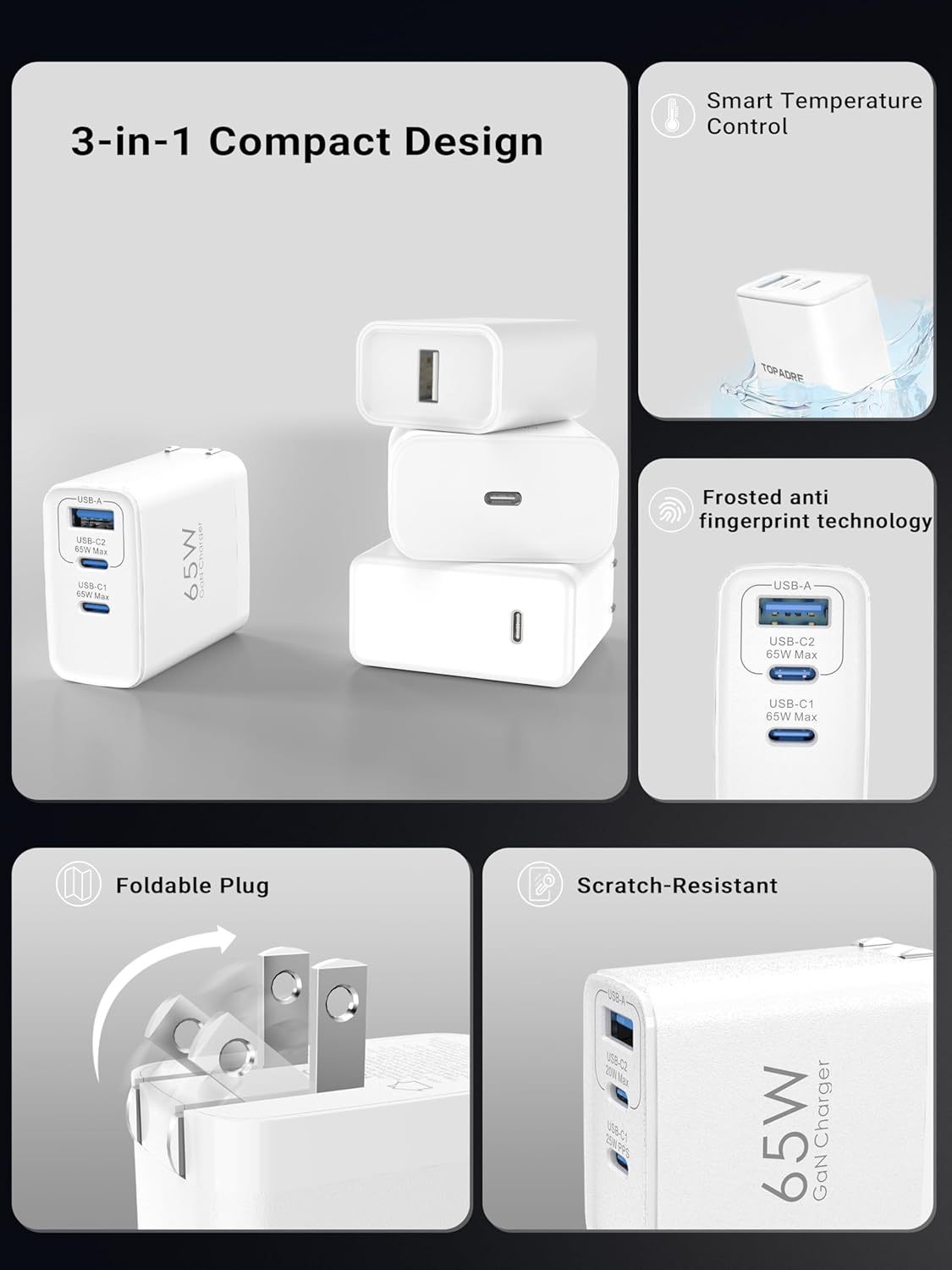 Topadre 65W USB C Charger Block, 3 Ports GaN Wall Charger Foldable Compact Type C Fast Charging for MacBook iPad Pro/Air, iPhone 15/16 Pro/Pro Max, for Samsung Galaxy S24/S23