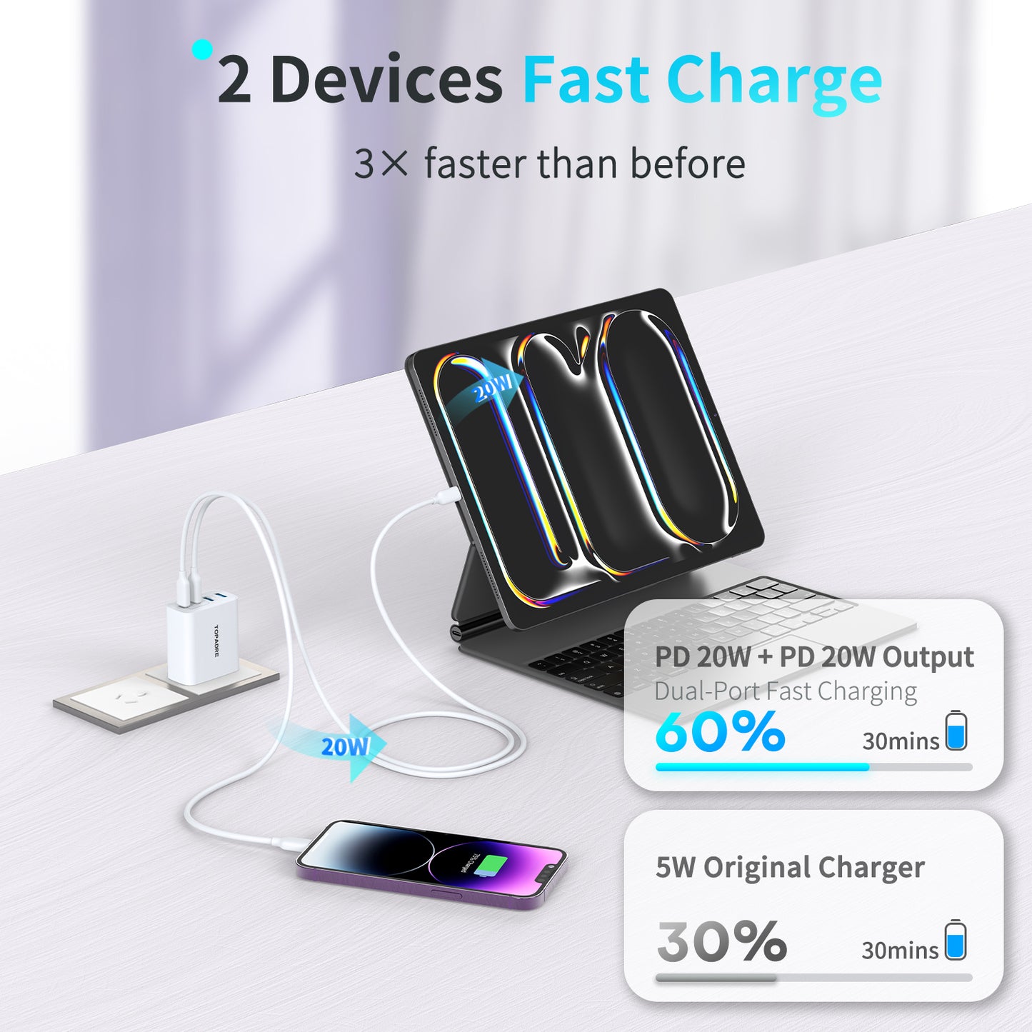 Topadre 40W Portable Fast Charger with Foldable Plug, 4-Port GaN USB-C Wall Charger for iPhone 17/16/15/14 Series, iPad, Galaxy and Other Devices