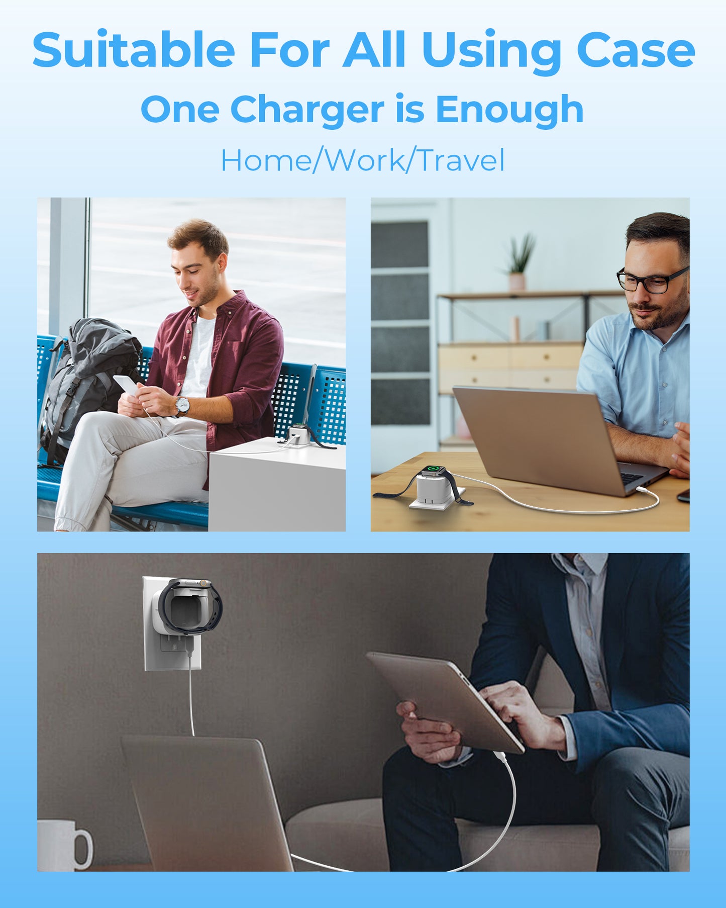30W 3-in-1 GaN Fast Wall Charger with Wireless Charging for Smartwatch, USB-C + USB-A Ports, Foldable Plug